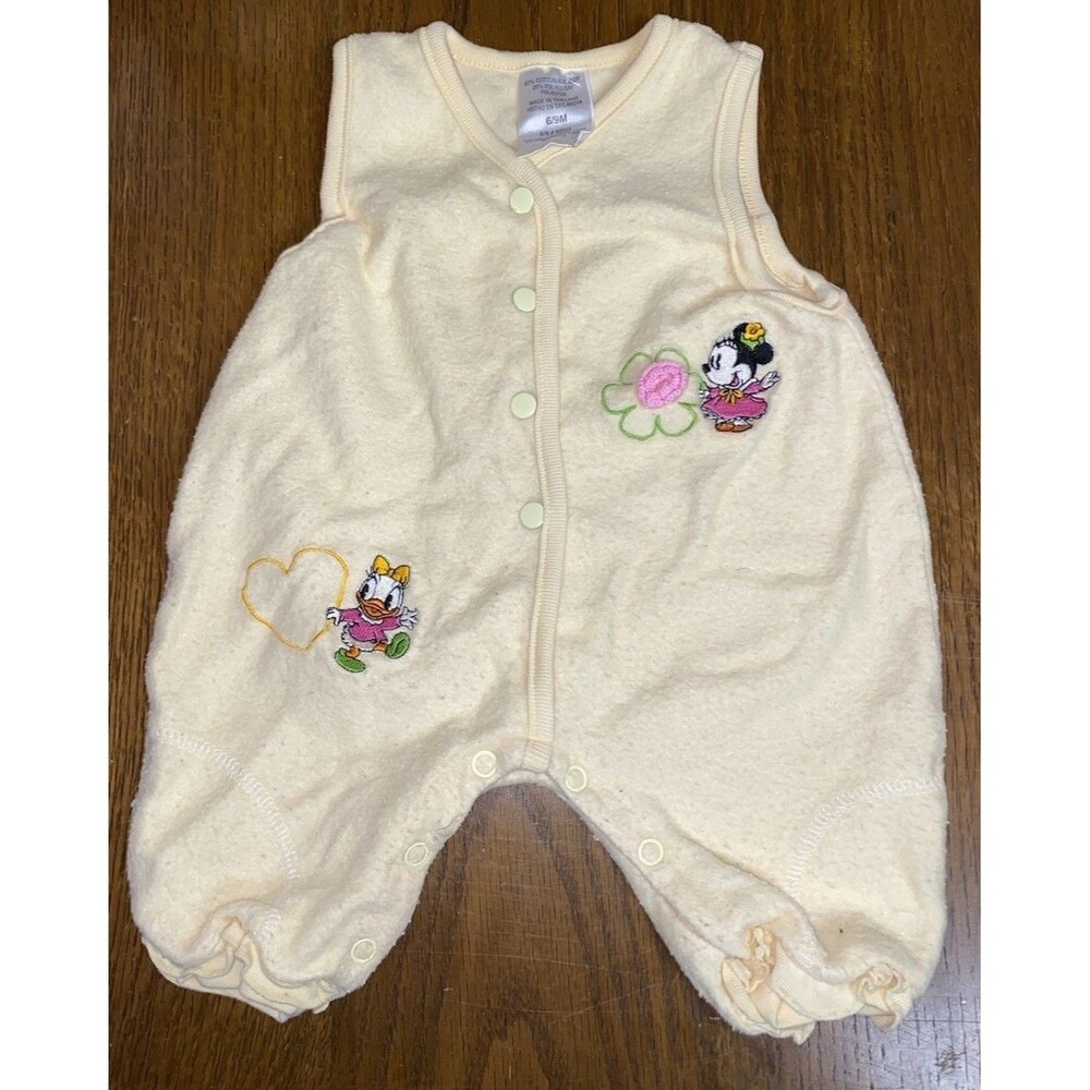 Vtg Disney Baby Romper 6/9M Yellow Terry Cloth Minnie Mouse Daisy Duck One Piece
